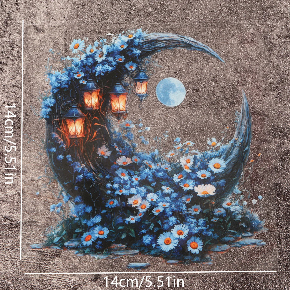 sticker mural paysage nocturne lune arbres fleurs transparent adhésif bleu blanc orange vert