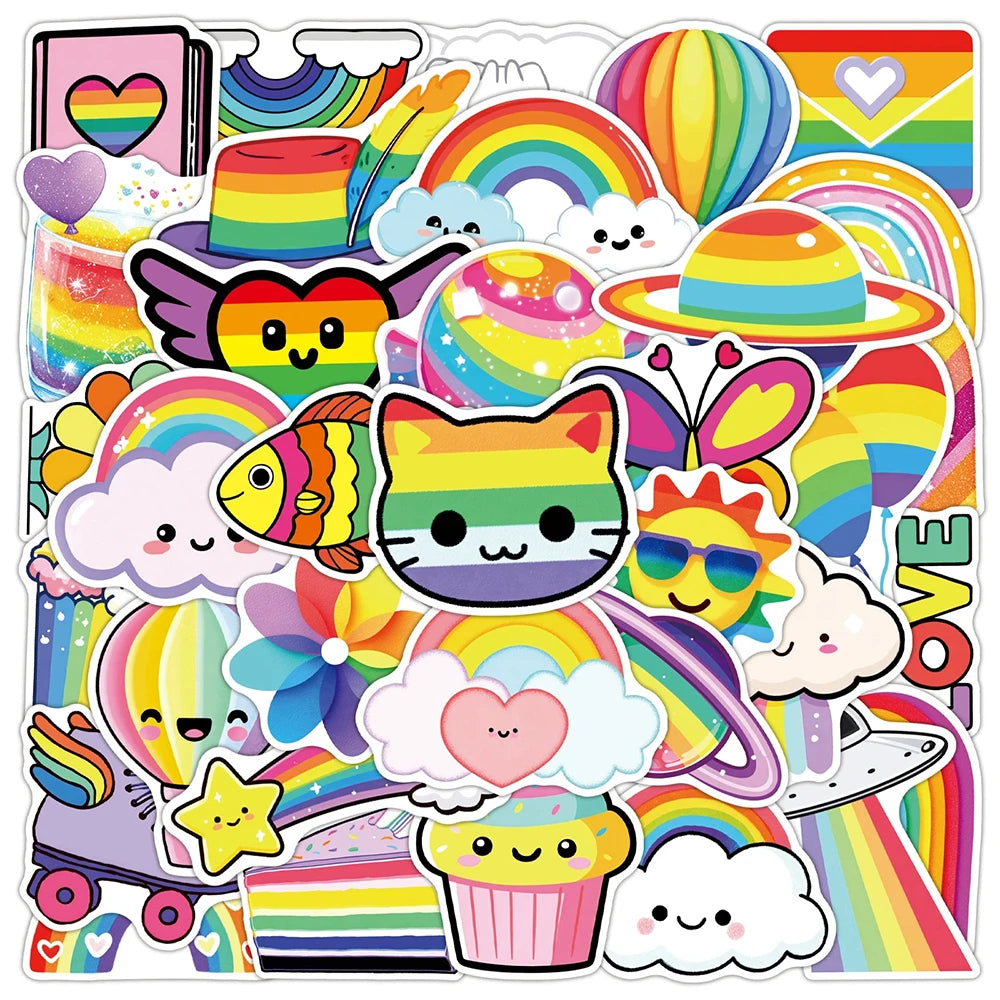 stickers kawaii multicolores dessins animés arc ciel nuages chats cupcakes stickers adhésifs imperméables random
