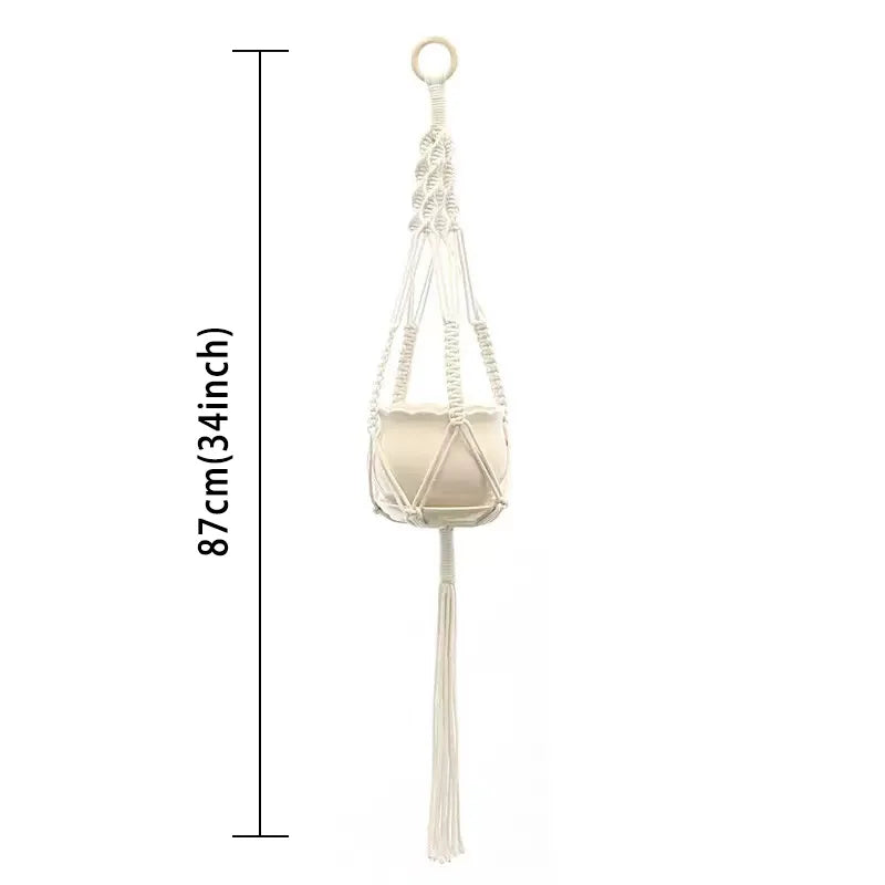 support plante suspendue macramé boho panier blanc noeuds réguliers artisanal pot fleuri