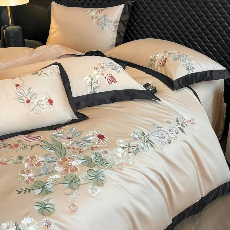 ensemble literie quatre pièces coton broderie florale classique beige housse couette drap taies