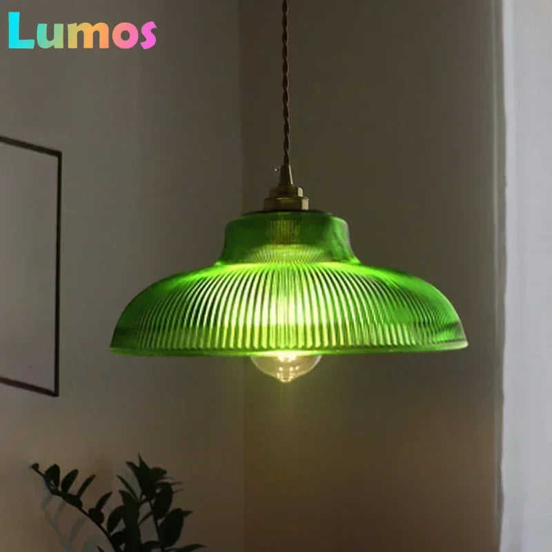 lampe suspendue vintage rétro dorée transparente rayures horizontales câble torsadé ampoule inclusion
