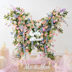 Décoration murale arche fleurs variées romantique violet rose blanc bleuclair vert extérieure