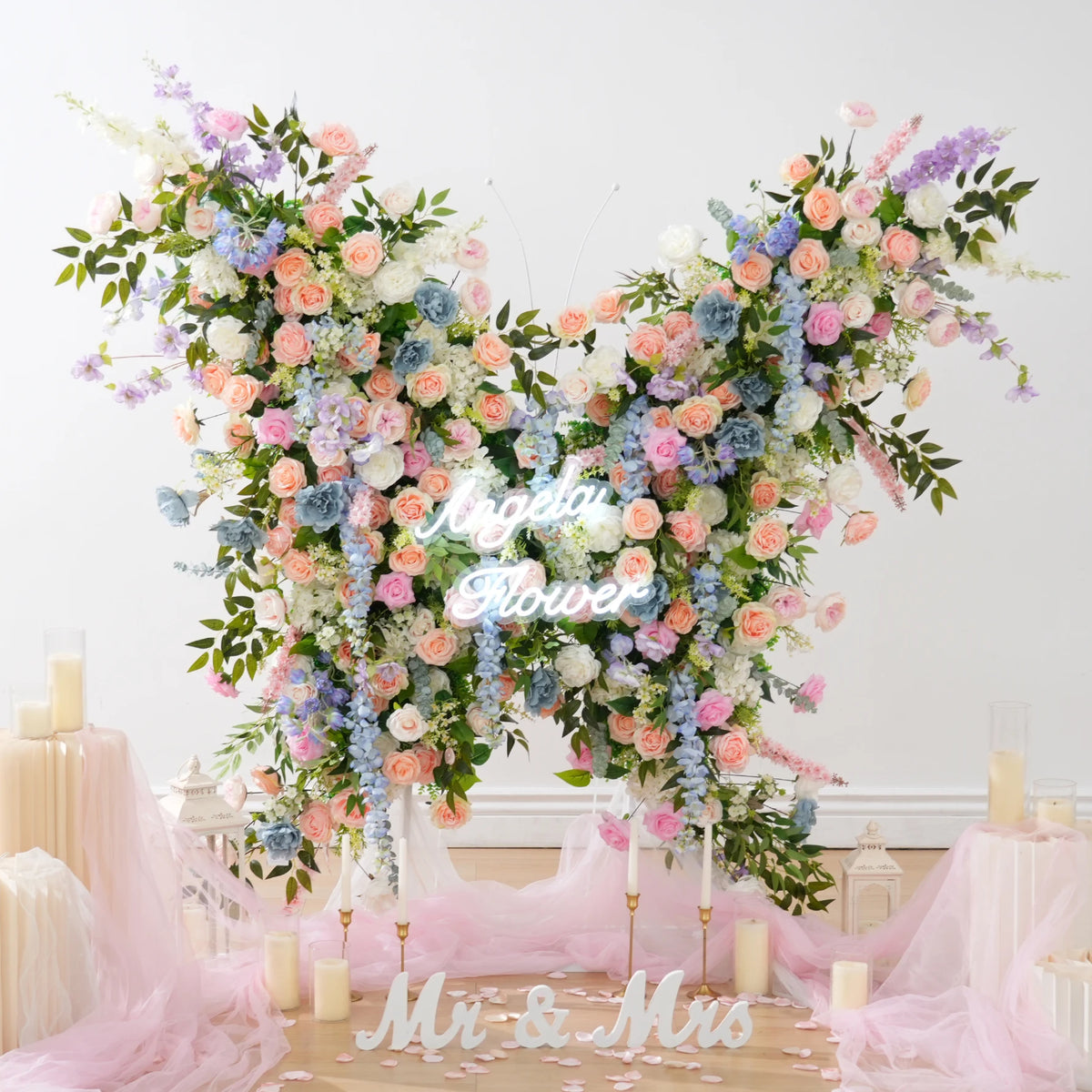 Décoration murale arche fleurs variées romantique violet rose blanc bleuclair vert extérieure