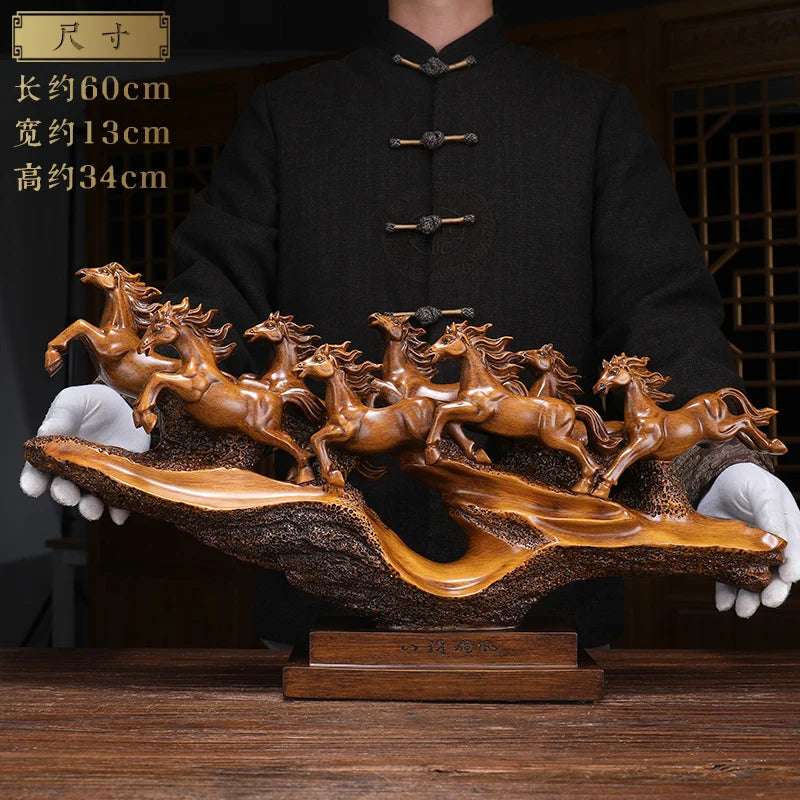 ornements sculptés chevaux résine artisanal chinois couleurs dorées rouges noires modernes
