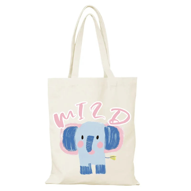 sac toile imprimé éléphant wild plumes pochette graphique décontracté femme plage provisioning 35x40cm