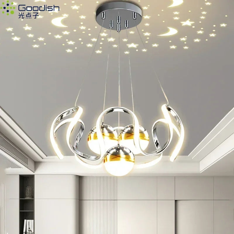 suspension lumineuse moderne or argent noir anneau incurvé étoiles lune contemporain chambre salon