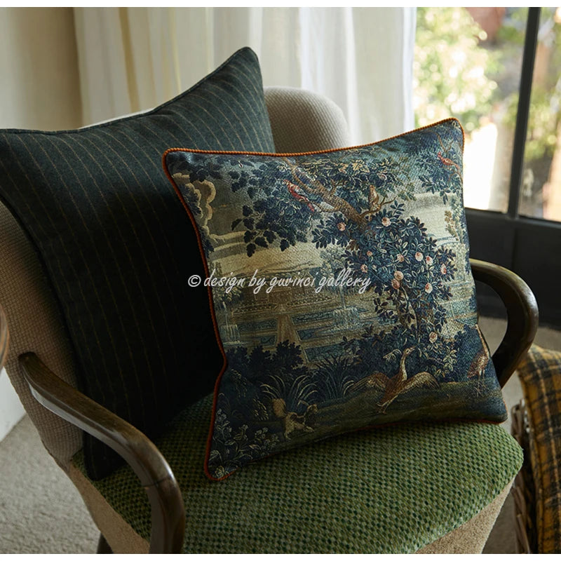 taies d'oreiller jacquard imprimées motif floral paysage vintage bleu vert beige respectueux environnement dimension