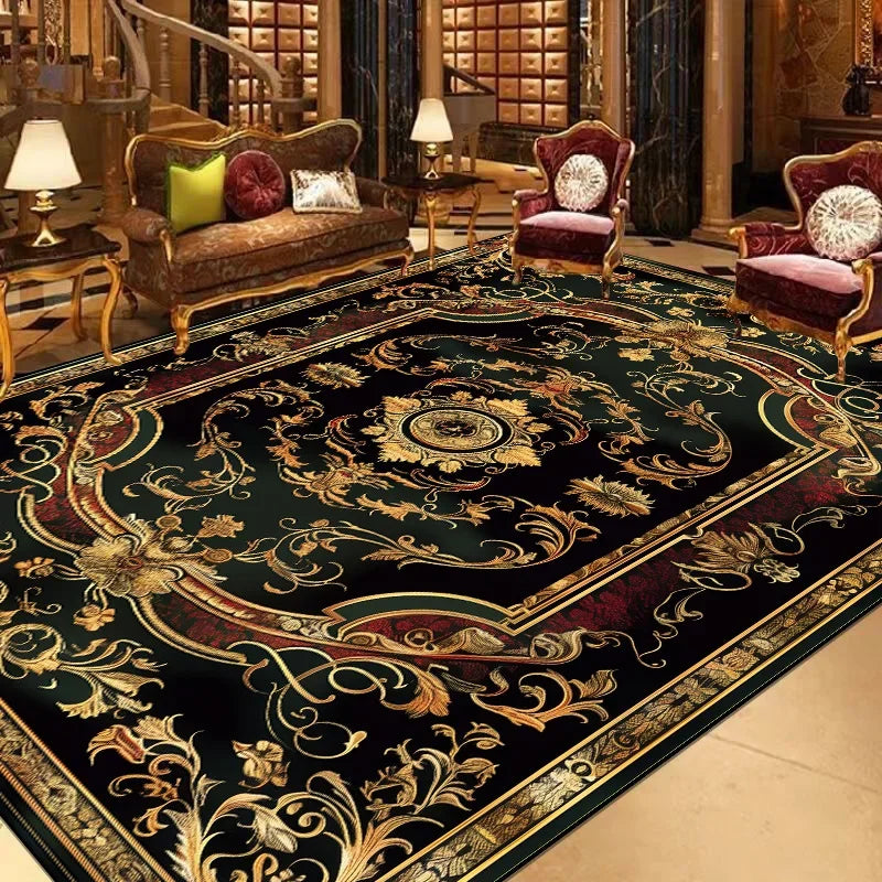 Tapis ornementé de motifs floraux et de détails dorés, posé sur un sol de marbre dans un salon riche en mobilier doré et velours.
