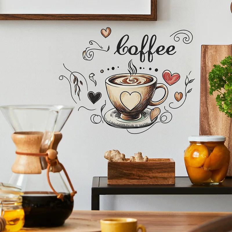 autocollants muraux tasse cœur coffee floral dessin animé vintage salle cuisine bureauDecoration DIY stickers