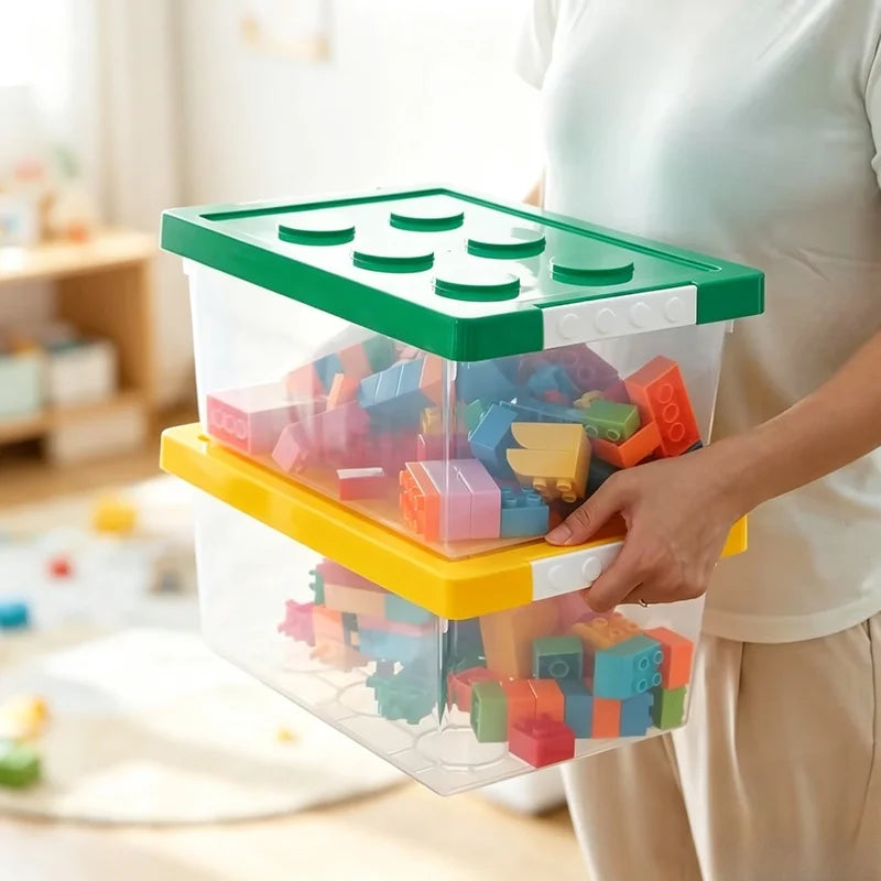 boîte rangement plastique transparente jouets blocs construction empilable chambre enfant colorée