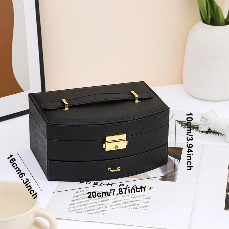 boîte bijoux simili cuir noir blanc rose classique miroir intégré poignées dorées portable pliable
