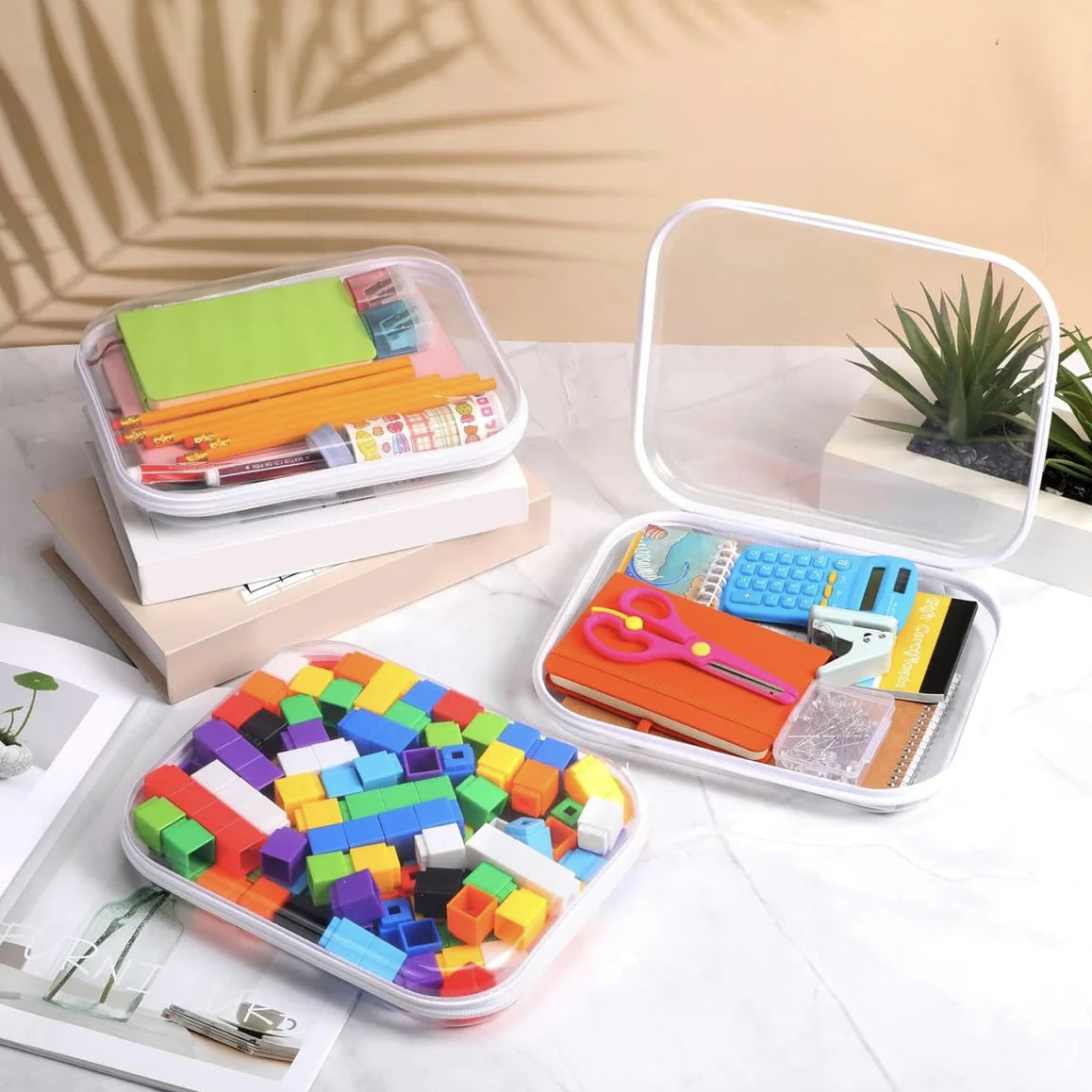 boîtes rangement transparentes réutilisables fermeture glissière couleurs rose violet bleu clair moderne pratique diverse