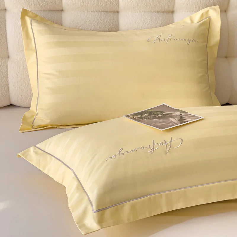 taies d'oreiller coton jacquard rayées élégantes lettres brodées blanc gris jaune bleuclair