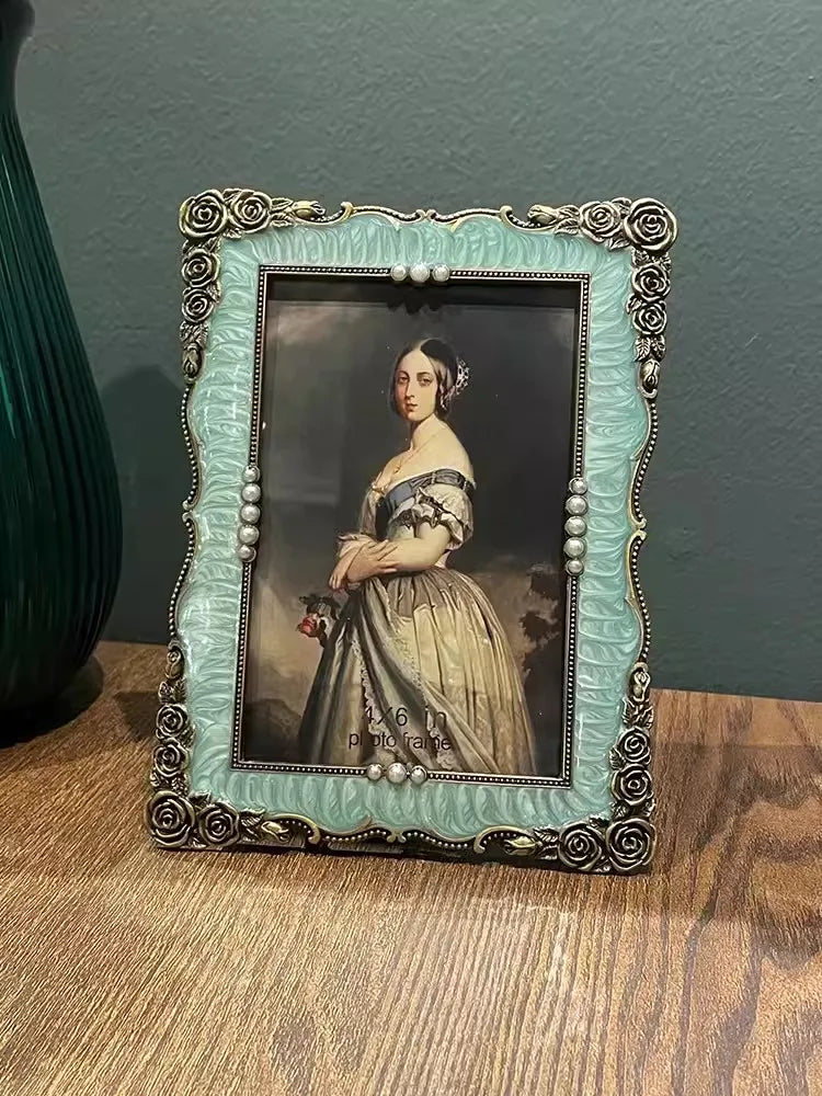 cadre photo vintage bleu clair alliage métal texture simili cuir opale baroque