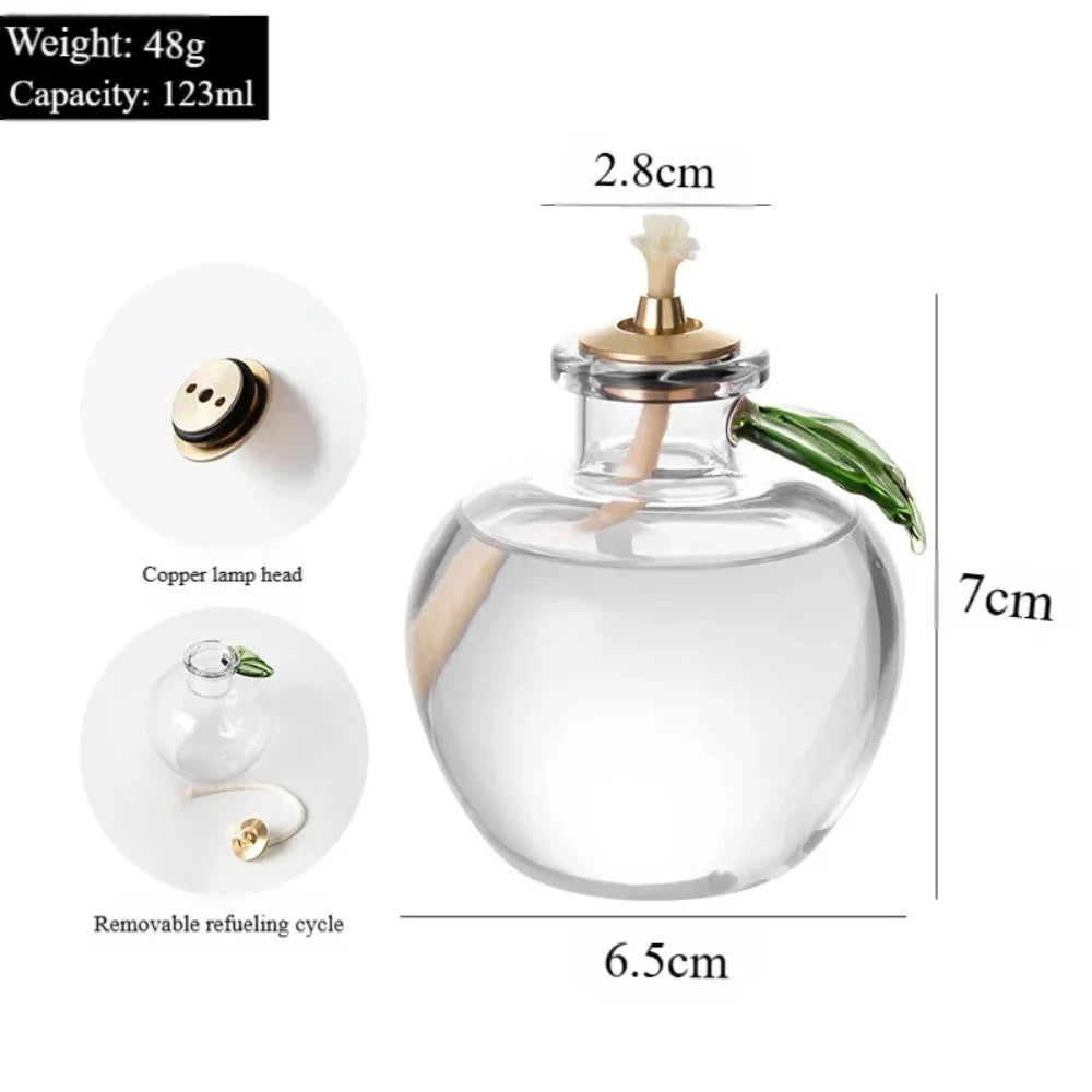 lampe huile verre transparent pomme rose feuilles vertes décoration intérieure vintage chambre lit abatjour