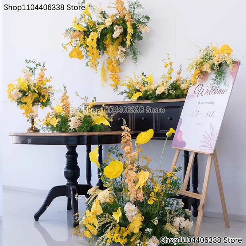 décoration mariage roses jaunes orchidées feuilles verte romantique élégant extérieur artificiel