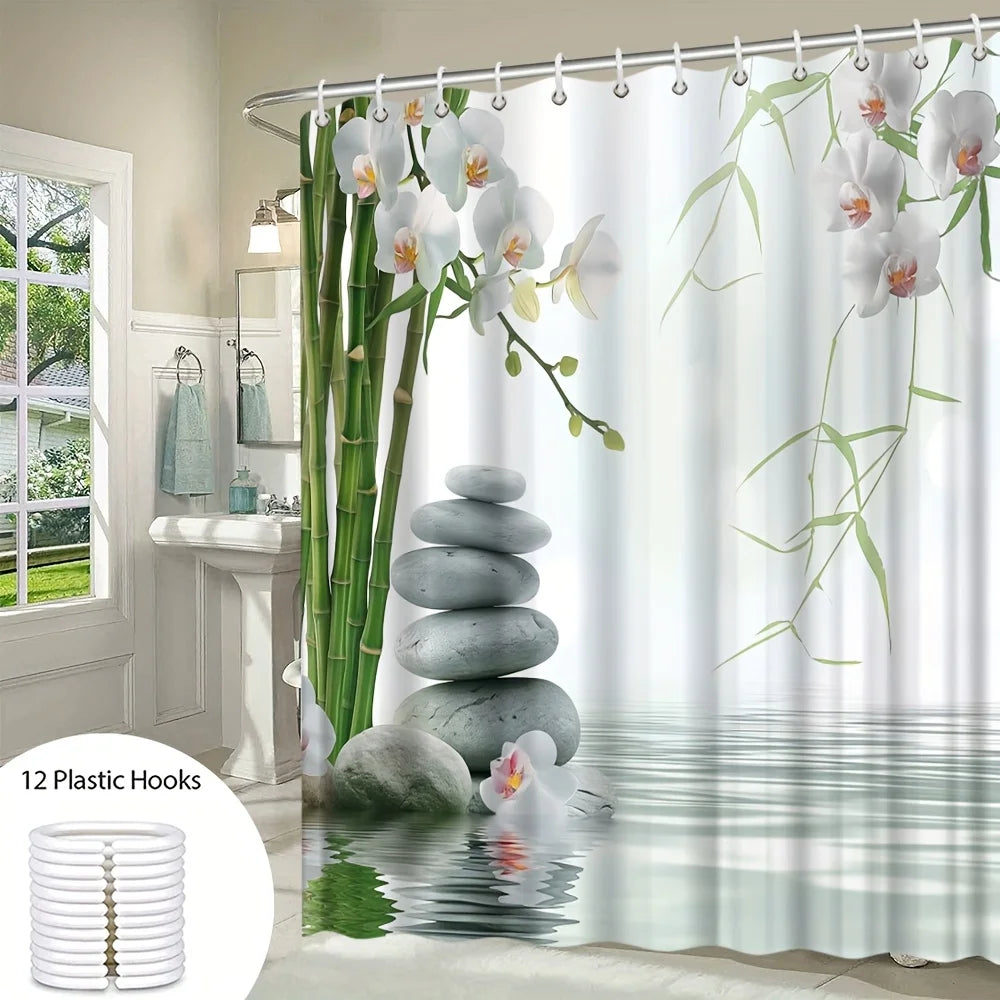 rideau douche moderne orchidées bambou pierres opalescent blanc vert gris rose naturel