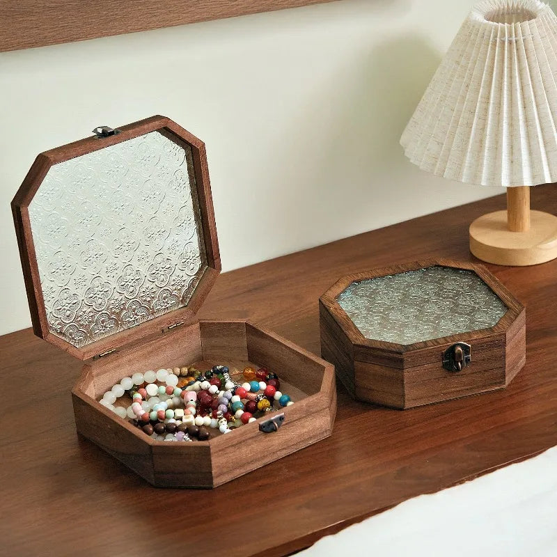 boîtes rangement bijoux bois miroir hexagonal vintage cadenas métal texture rustique classique