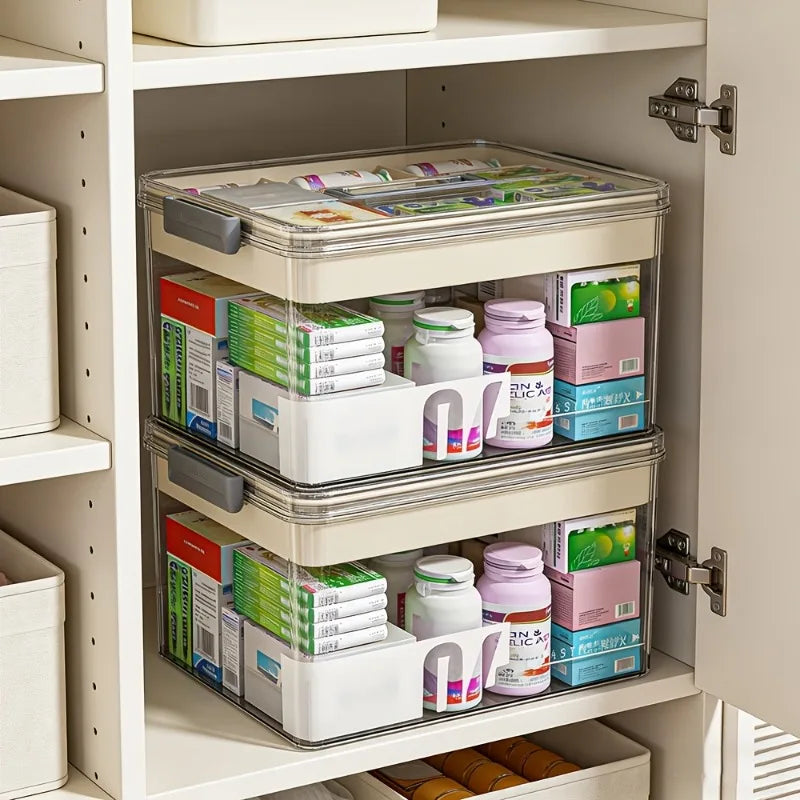 boîte rangement transparente poignée compartiments divisés organisateur médicaments maison plastique