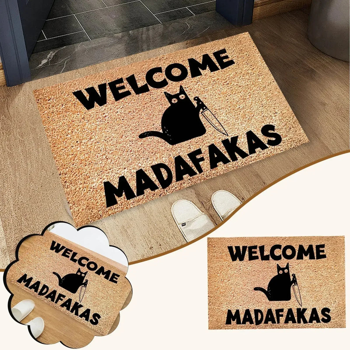 tapis d'entrée texturé imprimé marron clair imperméable résistant décoloration adhésif moderne humoristique