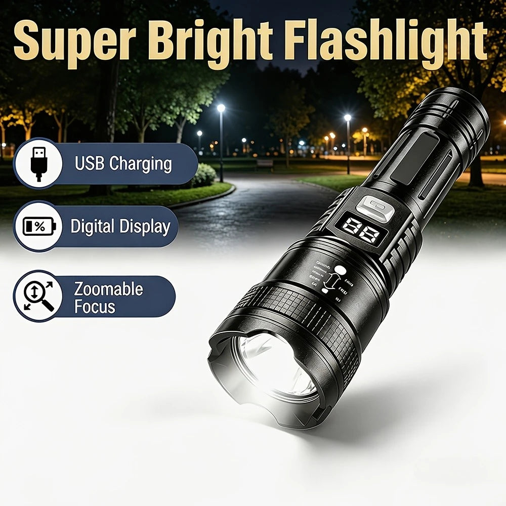 lampe torche led rechargeable zoom télescopique lumière intense mode réglable rainures antidérapantes noire moderne