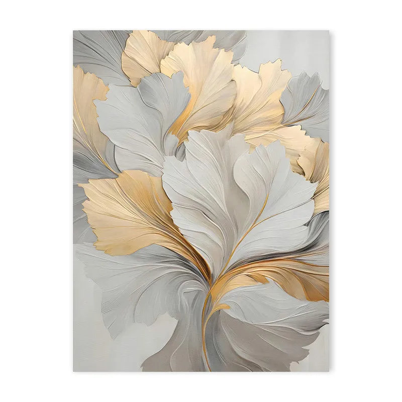 tableau abstrait contemporain toile feuilles stylisées gris beige doré décoration mur moderne minimaliste