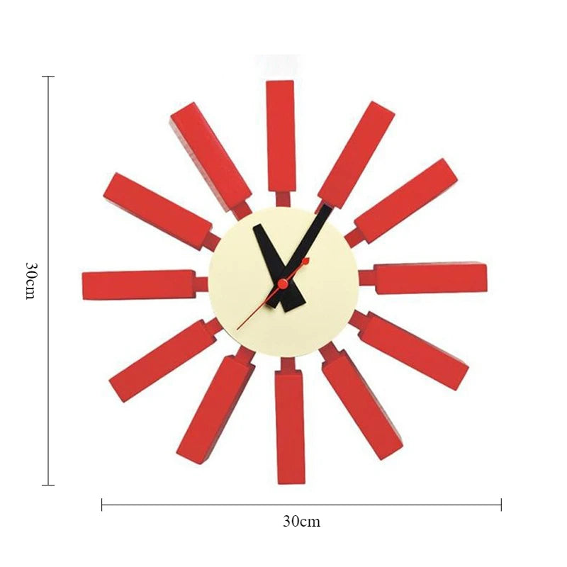 Horloge murale mid century bleu orange noir aiguilles rouge cadran blanc atomique époque