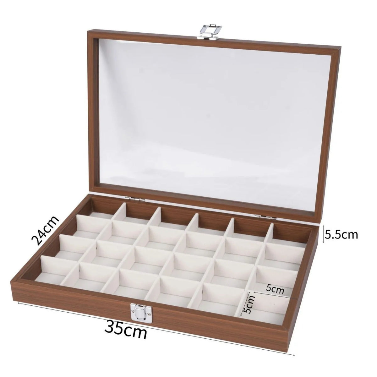 boîte rangement bijoux 33cm 22cm 24 compartiments bois marron clair velours blanc cadenas classique