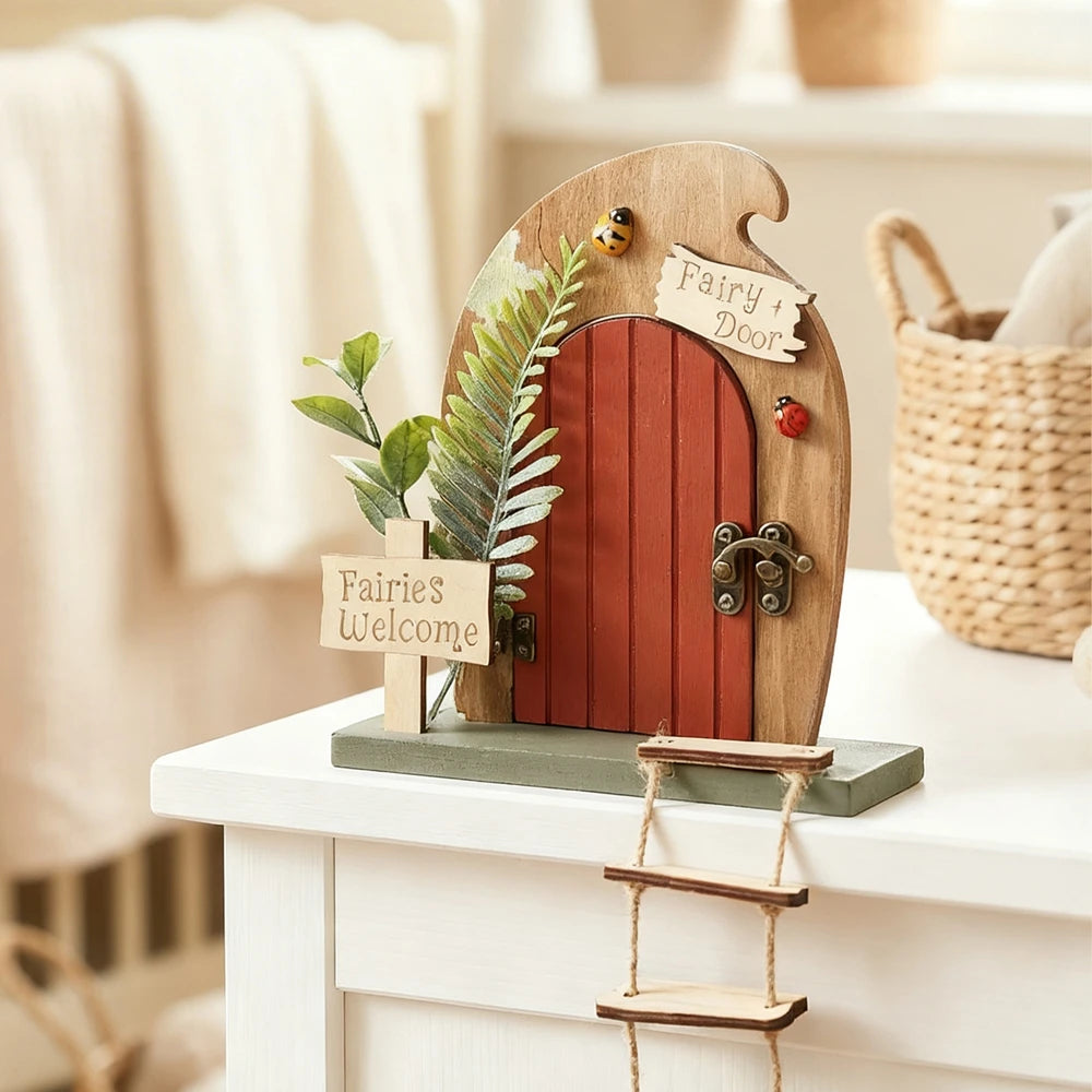 porte fée miniature bois décorative feuilles vertes ladybug adhésif escalier bienvenue jouets vintage