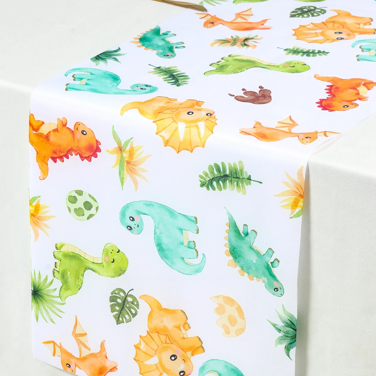 table table motif dinosaure feuilles tropicales décoration enfantine anniversaire fête révélation sexe aquarelle blanc