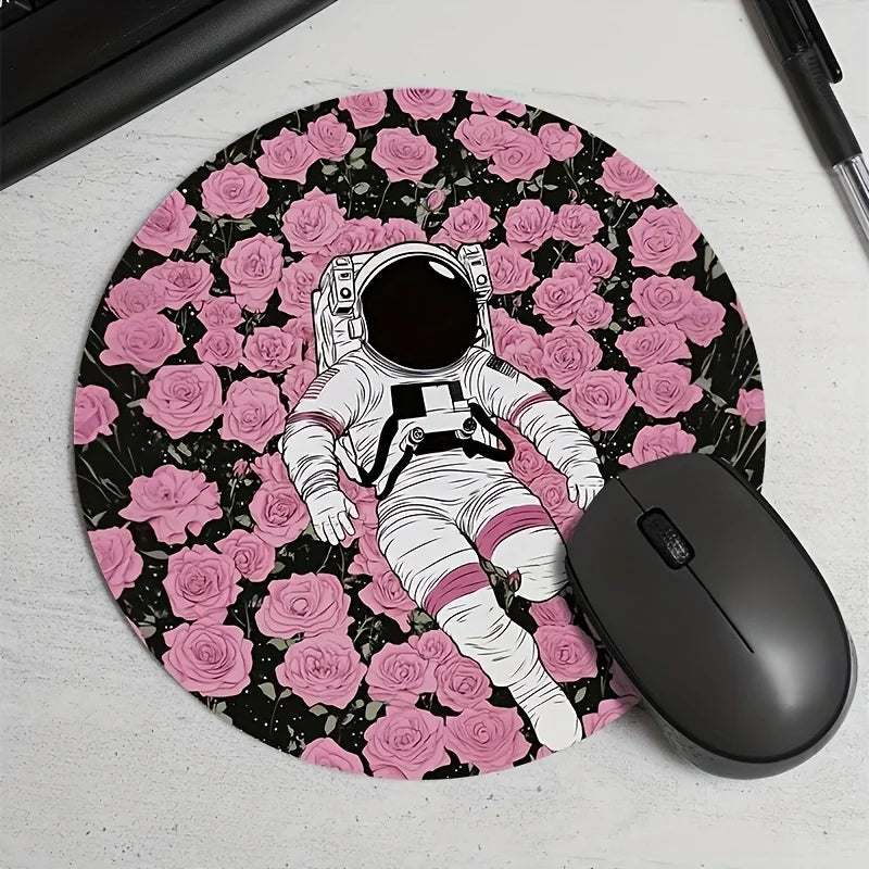tapis souris rond astronaute vaisseau spatial noir blanc rose étoiles contemporain washable gaming