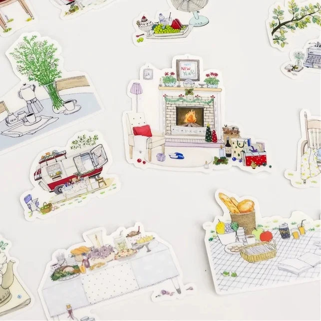 autocollants kawaii mignons motifs floraux géométriques texturés couleurs vives blanc orange rouge vert