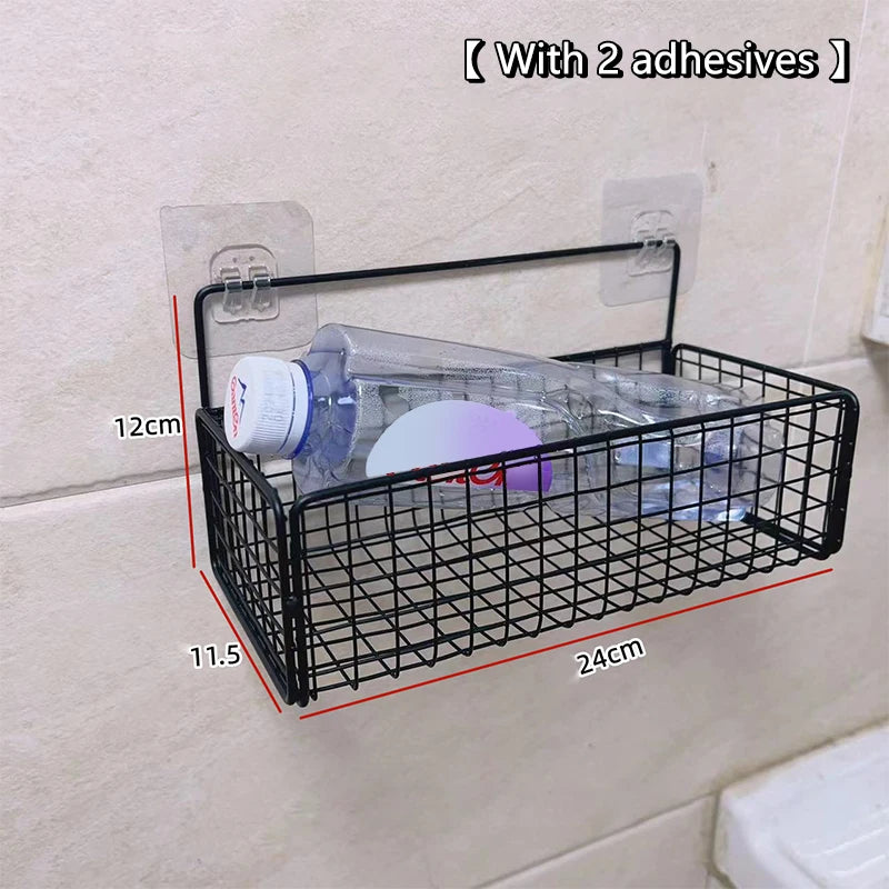 paniers métalliques noir maille fine adhésif minimaliste stockage cuisine salle bain sans perçage