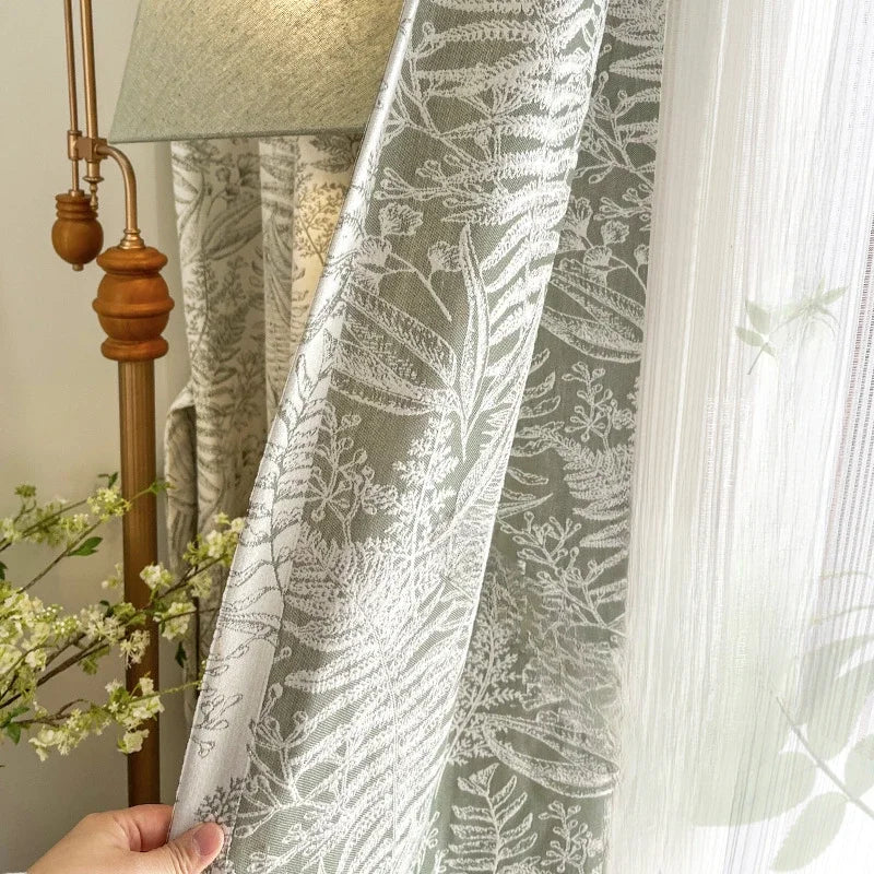 rideau épais vert clair gris motif fleurs feuilles salon chambre classique romantique moderne