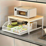 meuble rangement blanc bois paniers métalliques tiroir calculatrice stylos moderne fonctionnel