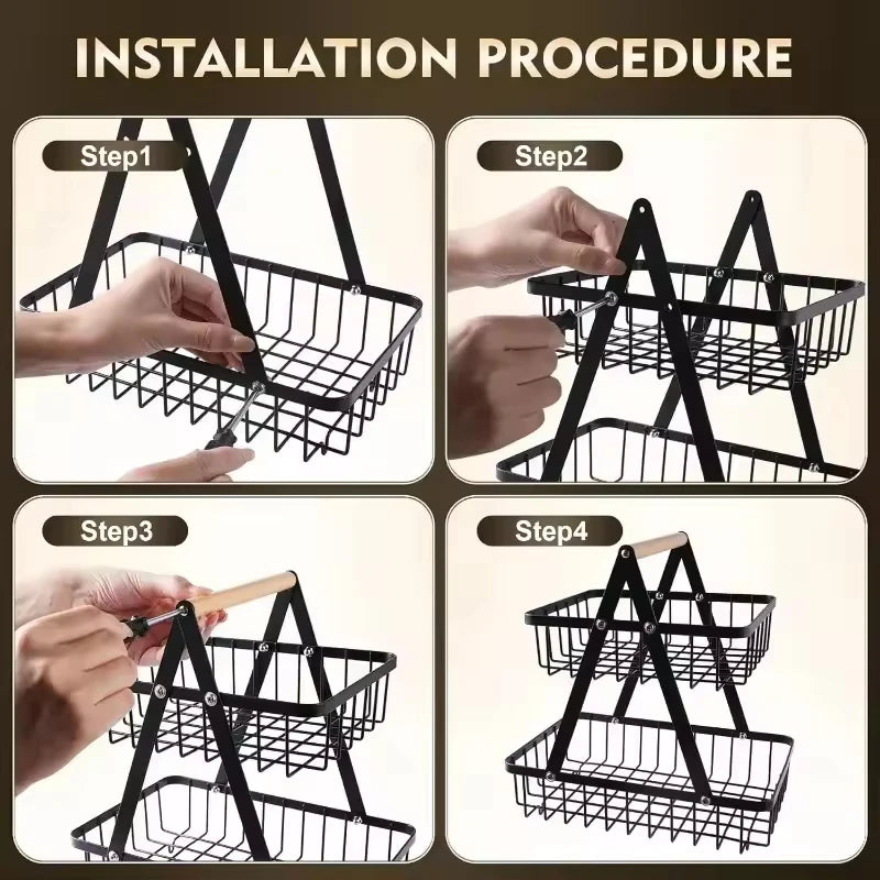 panier fruits métal noir pliable moderne rangement cuisine multifonctionnel organizer snack rack