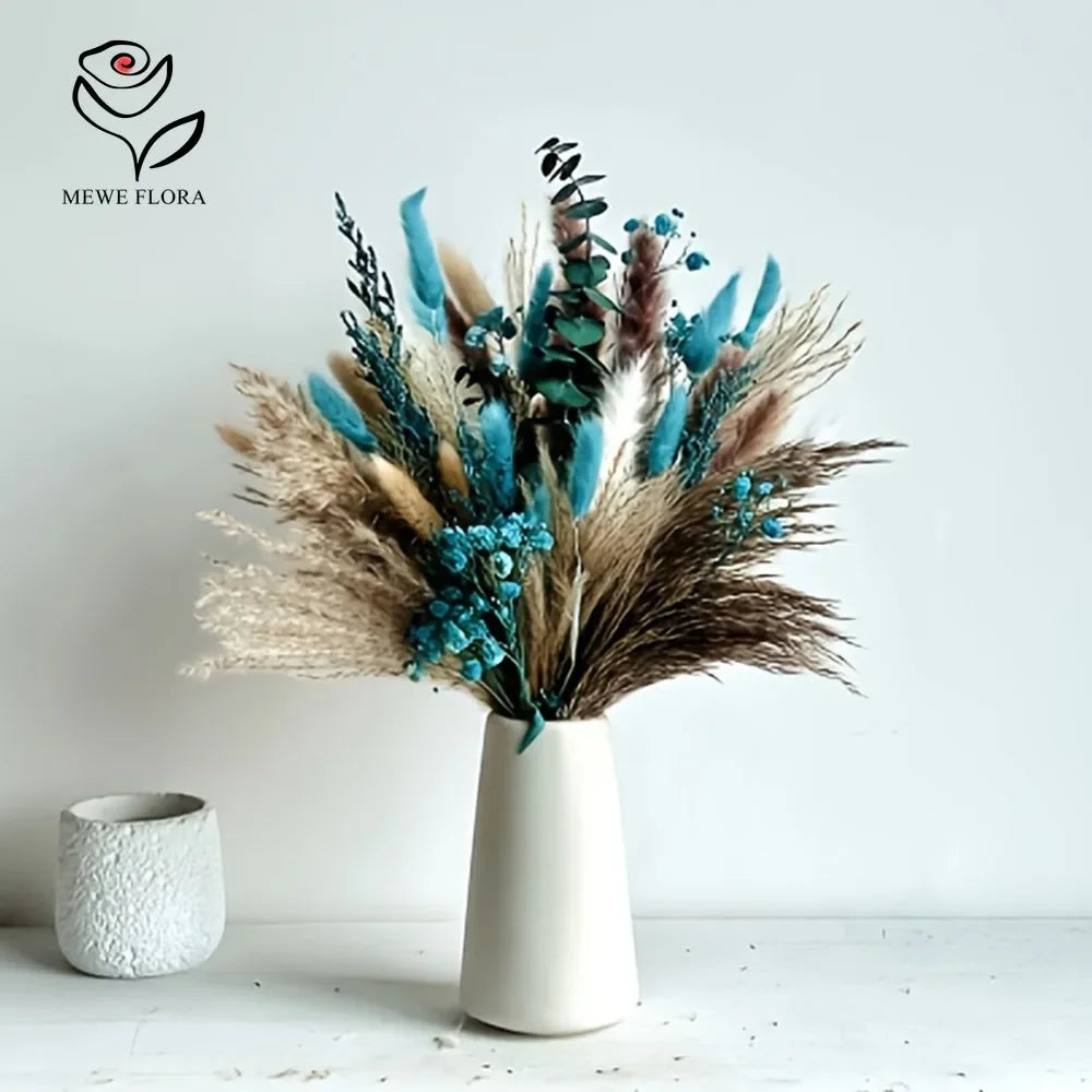 bouquet fleurs séchées naturel plumes feuilles vert bleu turquoise vase blanc décoration maison anniversaire