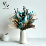 bouquet fleurs séchées naturel plumes feuilles vert bleu turquoise vase blanc décoration maison anniversaire