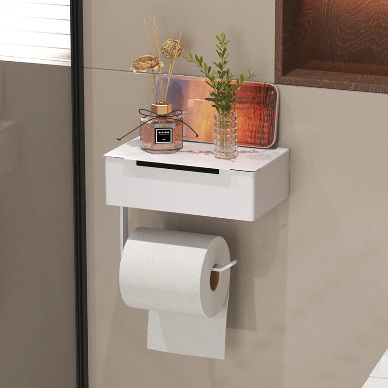 support rangement mural moderne étagère papier toilette boîte mouchoirs compartiment fermé aspect mat fixations