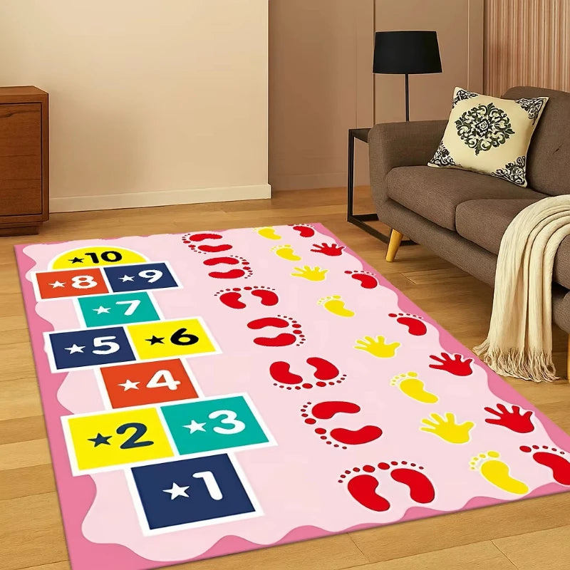 tapis enfant moderne rose clair bleu rouge jaune vert motif numéro empreinte pied lettres
