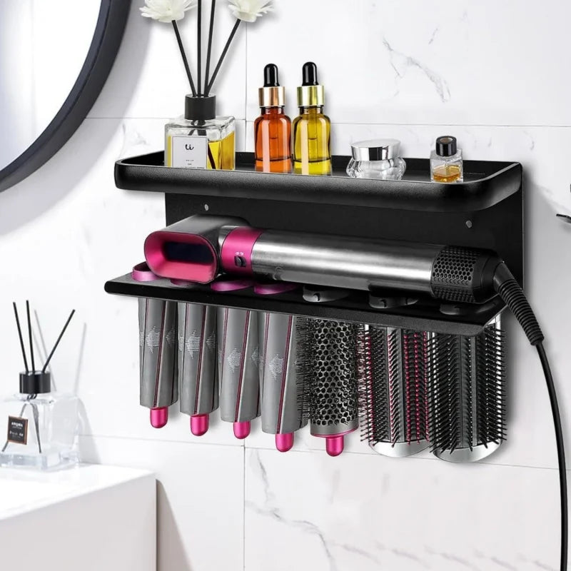 rangement mural accessoires coiffure noir rose motifs géométriques contemporain fixations salle bain