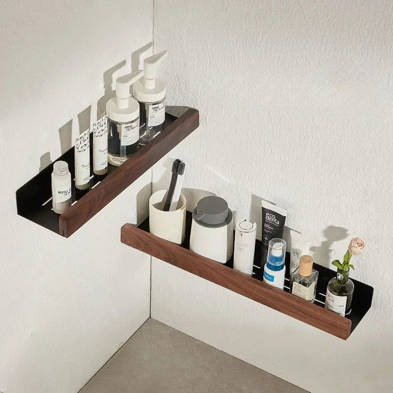 étagères murales modernes minimalistes noires bois flacons brosse dents adhésives salle bain