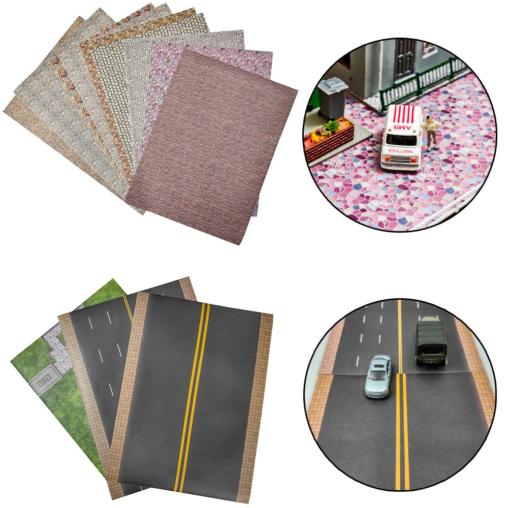 sticker autocollant route simulation batiments gris vert marron jaune geometrique miniature adhésif