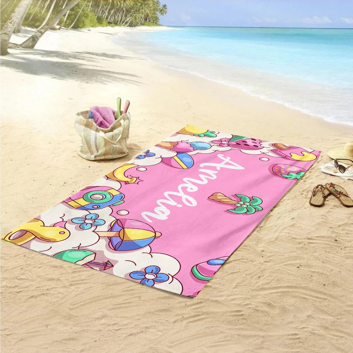 serviette plage microfibre rapide absorption dessin animé fruits palmiers coloré moderne enfants pâques rose
