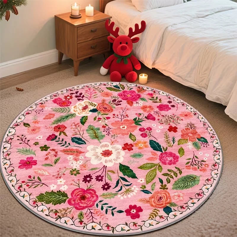 tapis rond moderne fleurs colorées rose clair blanc salon chambre coucher extérieur lavable machine