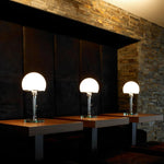 lampe table moderne boule verre blanc chrome interrupteur bouton led e27