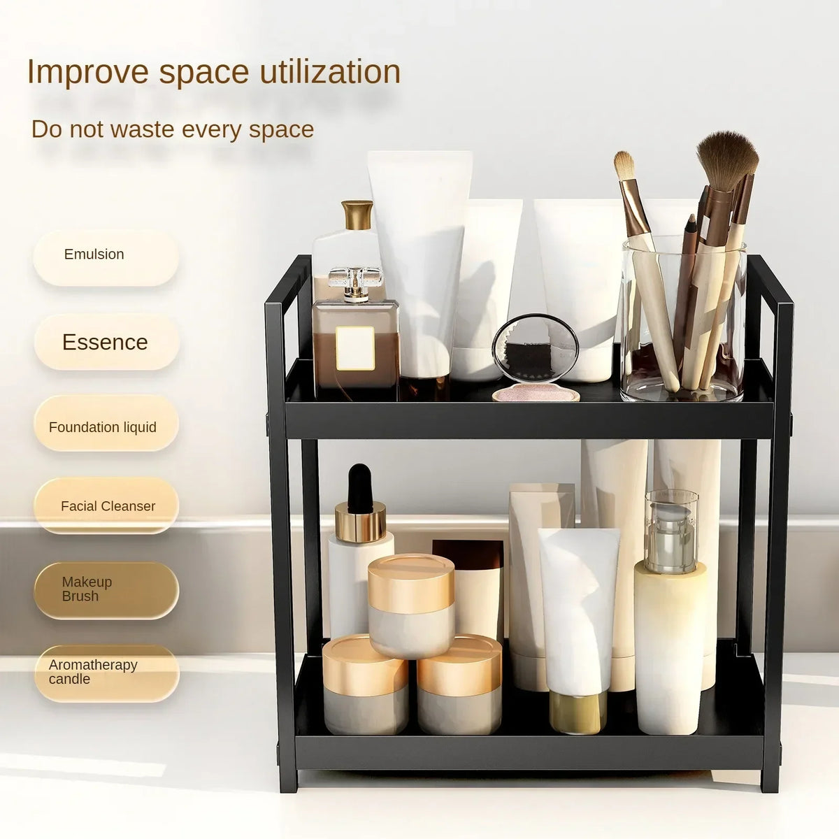 rangements cosmétiques étagère noir blanc moderne conteneurs brosse miroir produits beauté