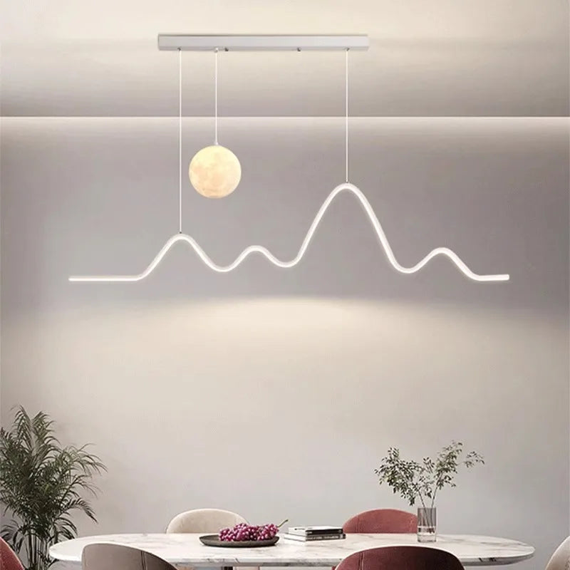 suspension moderne minimaliste luminaire vague lune forme ondulée blanc noir doré led chambre restaurant