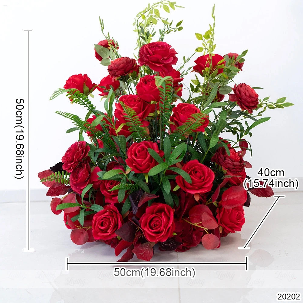 Décoration murale suspendue bouquet fleurs artificielles roses rouges feuilles vertes extérieur intérieur 70x40cm 50x50cm