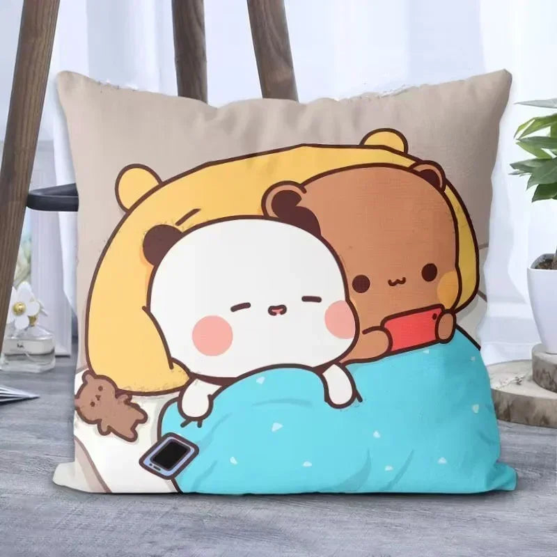 coussin carré mignon personnages ours lapin imprimé beige rose blanc doux cartoon
